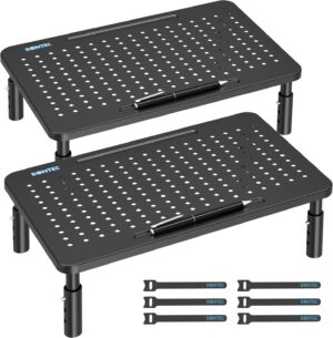 BONTEC 2 Pack Adjustable Monitor Stand Riser with Drawer, Supports 44lbs | Ergonomic Mesh Platform for Desk, Ventilated Laptop and PC Use with Cable Management for a Cooler, Organized Workspace