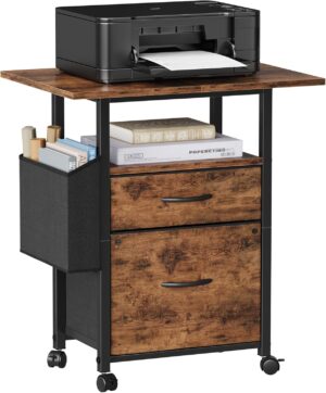 GYIIYUO 2 Drawer File Cabinet 24''W, Mobile Filing Cabinet, Printer Stand | 24'' Extended Desktop for Large Printer, Rolling, Side Bag, Fits A4/Letter Size, Home Office, Fabric Drawer, Light Brown